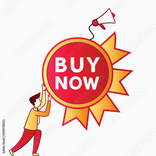 Buy Now Button with Megaphone and Award Seal