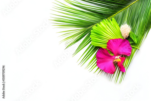 Tropical foliage arrangement with hibiscus flower and palm fronds on white background