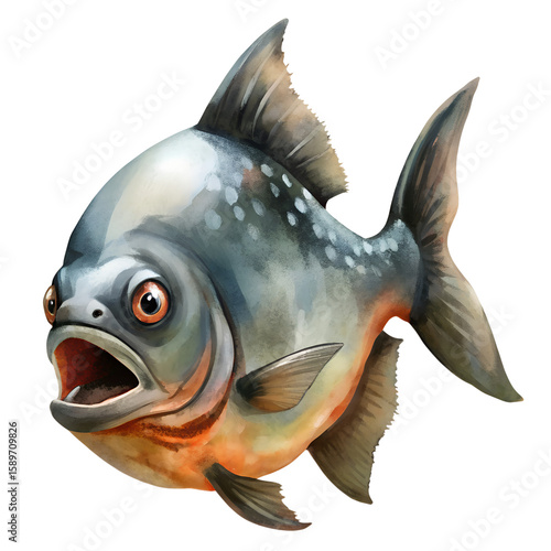 Digital illustration of a ferocious piranha fish with open mouth and a watercolor style.