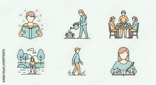 Person engrossed in reading a teal book, depicted in a minimalist line art style.