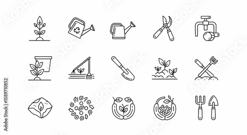 Collection of Line Art Gardening Icons: Tools, Plants, and Seeds