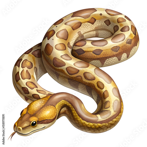 Realistic detailed illustration of a snake in brown and yellow colors on a black background