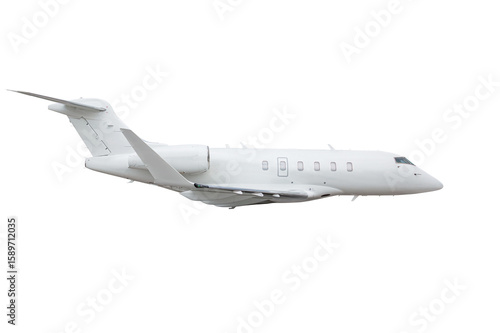 White luxury private aircraft flying isolated