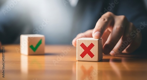 Decision making is illustrated with wooden blocks showing a check mark and cross, symbolizing right and wrong choices.