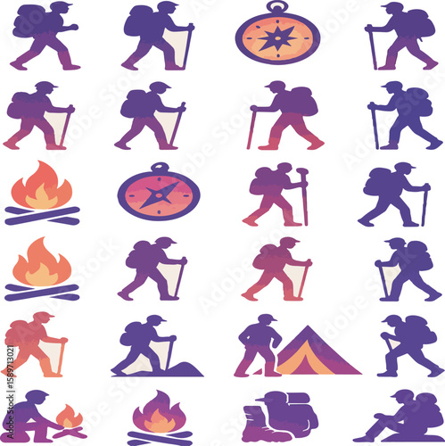 Camping and Hiking Silhouette Icons – Trekking, Campfires, Compass & Gear in Gradient Colours