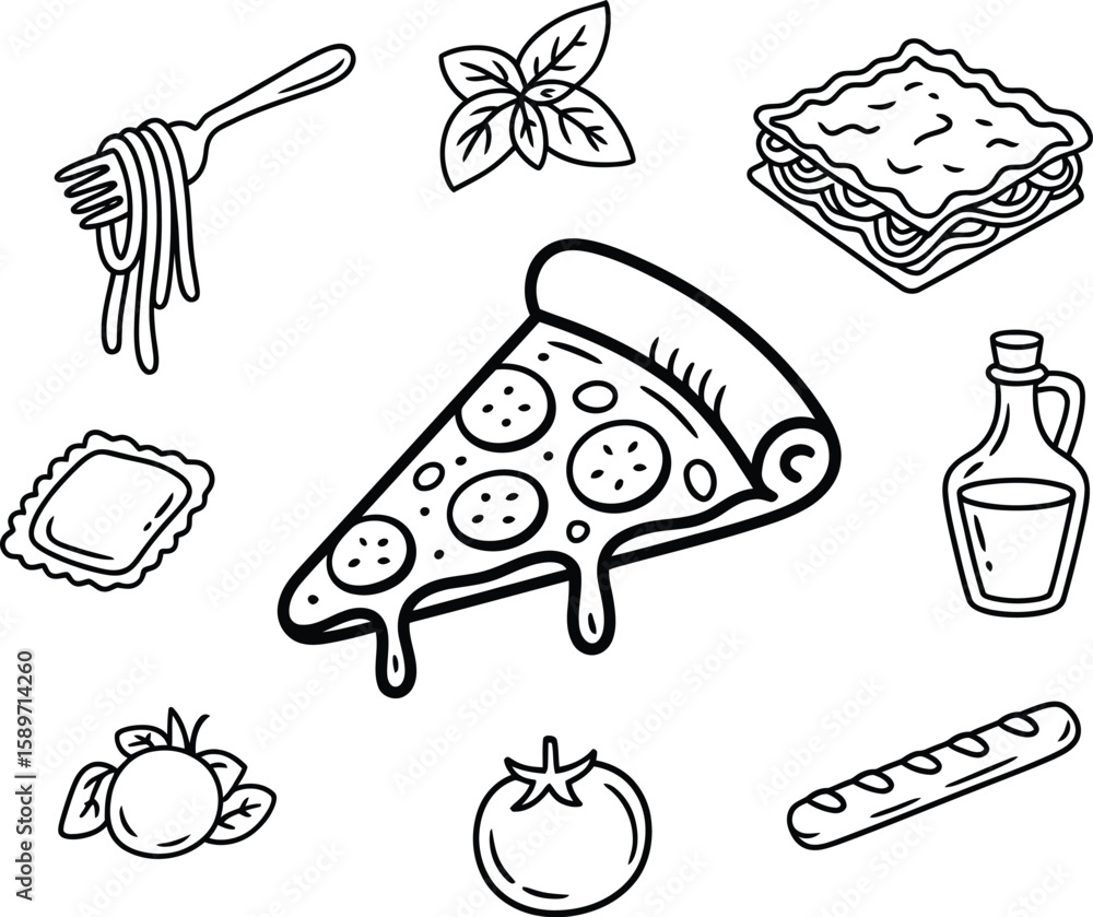 Obraz premium A collection of italian food icons featuring pizza pasta and lasagna