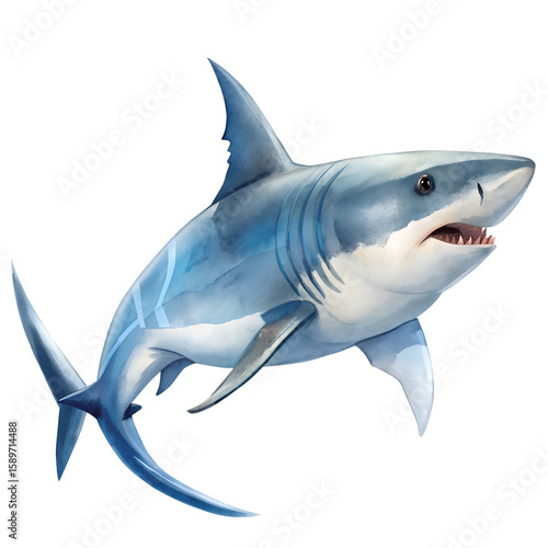 Watercolor illustration of a fierce great white shark with sharp teeth and distinctive markings