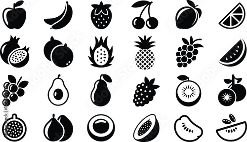 Collection of twenty four assorted fruit icons in a clean silhouette style