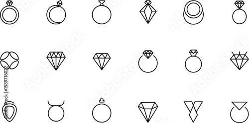 Collection of diamond rings and gemstones simple line art icons silhouette