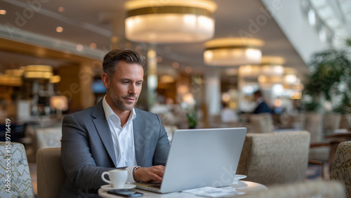 A businessman in formal attire working on a laptop in an exclusive airport lounge corner. A coffee cup rests nearby. The space features elegant lighting, modern decor, and a quiet, private vibe.