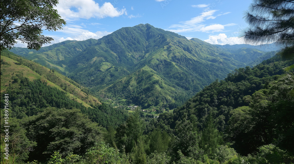 Obraz premium A breathtaking panoramic view of lush green mountains stretching into the distance under a vast blue sky, showcasing nature's majestic beauty and serene tranquility