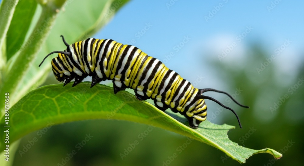 Monarch Caterpillar on Leaf – Close-Up Macro Nature Photography. Monarch Caterpillar on Leaf – Close-Up Macro Nature Photography.