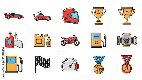Motorsports Vector Icon Set – Racing, Motorcycle, Trophy, Engine, and Speed Competition Icons with Adjustable Line Weight

