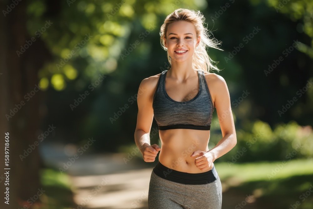 Attractive young blonde woman jogging in a park wearing fitness attire promoting summer health and strength Attractive young blonde woman jogging in a park wearing fitness attire promoting summer health and strength