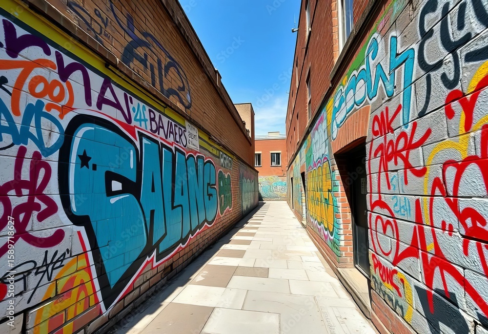 Fototapeta premium Graffiti playfully extends building lines, creating optical illusion, contemporary, image