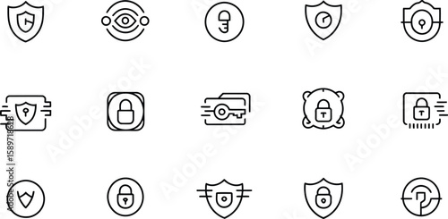 Collection of security and protection icons in a clean line art silhouette style