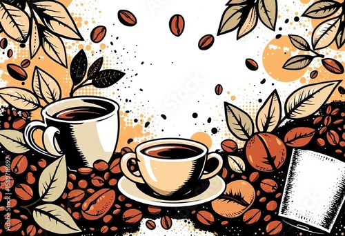 Grunge coffee shop halftone vector design elements, including cups, beans, leaves, and abstract shapes,  halftone pattern,  texture design