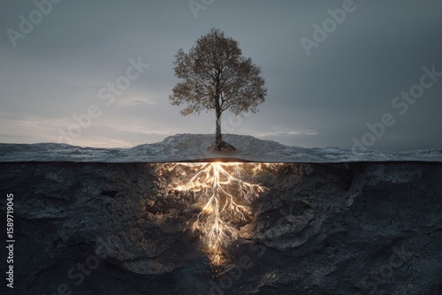 Lonely tree, glowing roots, earth split