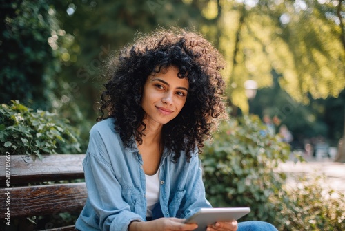 Fototapeta Naklejka Na Ścianę i Meble -  Attractive young Brazilian woman with curly black hair sits outdoors on a park bench using a tablet