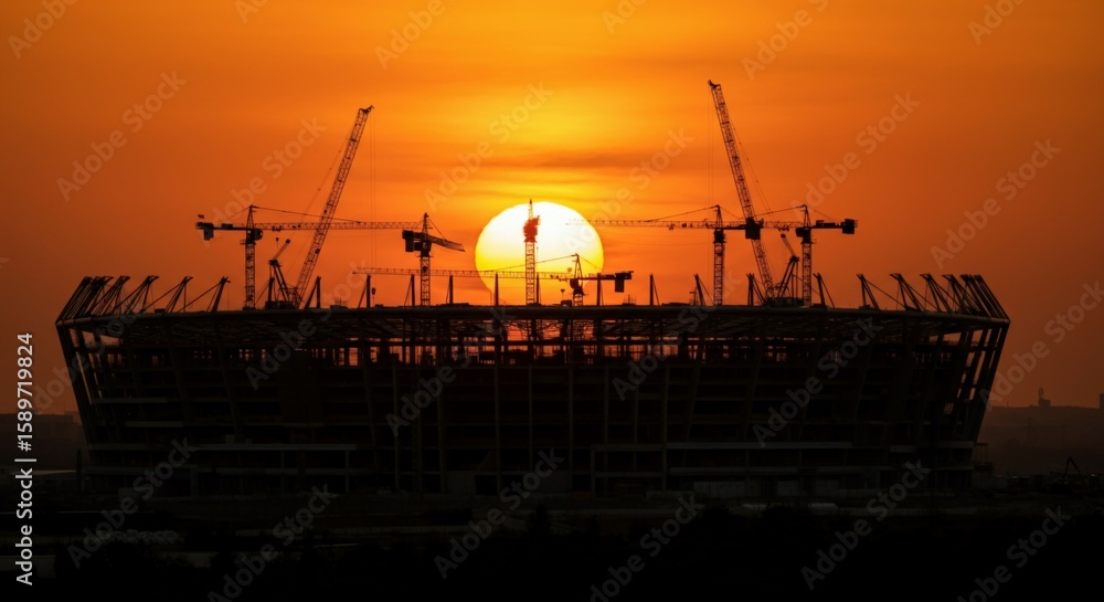 Obraz premium Construction Site Silhouetted Against Dramatic Sunset with Tower Cranes.