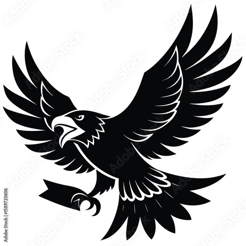 Fierce black eagle soaring with outstretched wings