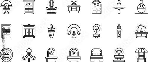 A collection of line art icons depicting various furniture and decorative objects on a white background