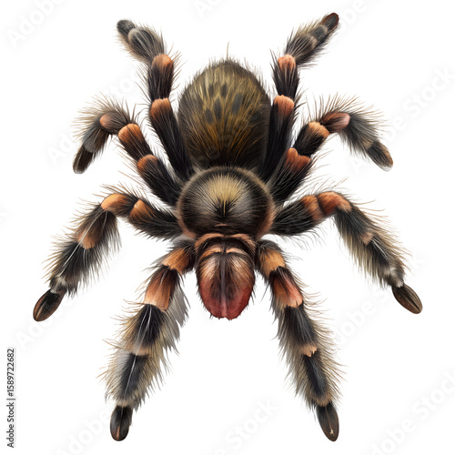 Detailed illustration of a tarantula spider with fuzzy legs and brown markings against black background
