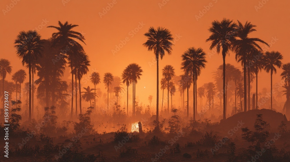 Obraz premium Sunrise in a misty palm grove