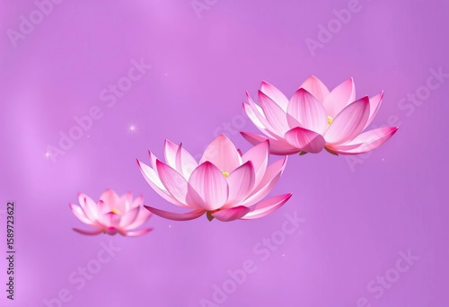 Floating lotus blossoms in shades of pink and light purple, sparkling against a soft purple background,  design,  botanical