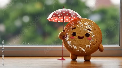 Cute cookie character holding a polka-dotted umbrella by a rain-soaked window with greenery outside