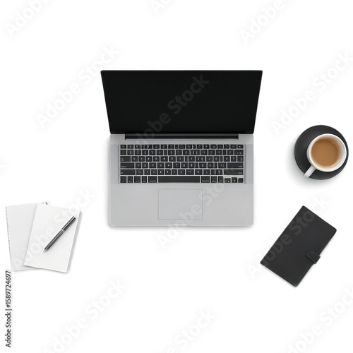 Elevated Workspace Overview: A minimalist desk setup featuring a sleek laptop, a cup of coffee, a journal, and a pen. This image captures the essence of productivity and focus.
