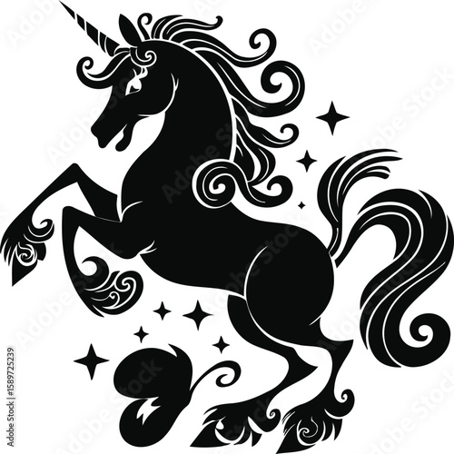 A striking illustration of a unicorn in an elegant pose, adorned with flowing mane and tail, set against a backdrop of whimsical stars. This enchanting design captures the magic and beauty.