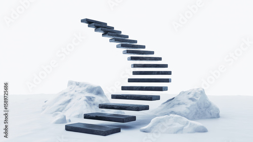 A surreal artistic photograph of floating black stone steps against a light gray background