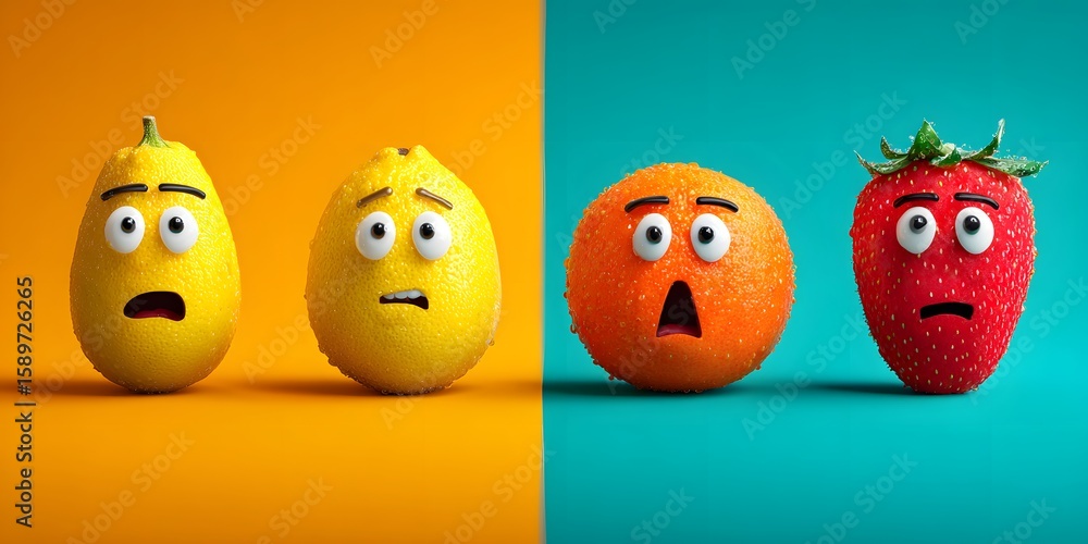 Obraz premium Expressive fruits lemon, orange, and strawberry showcase surprising, contrasting emotions in a colorful, modern design against bright backgrounds