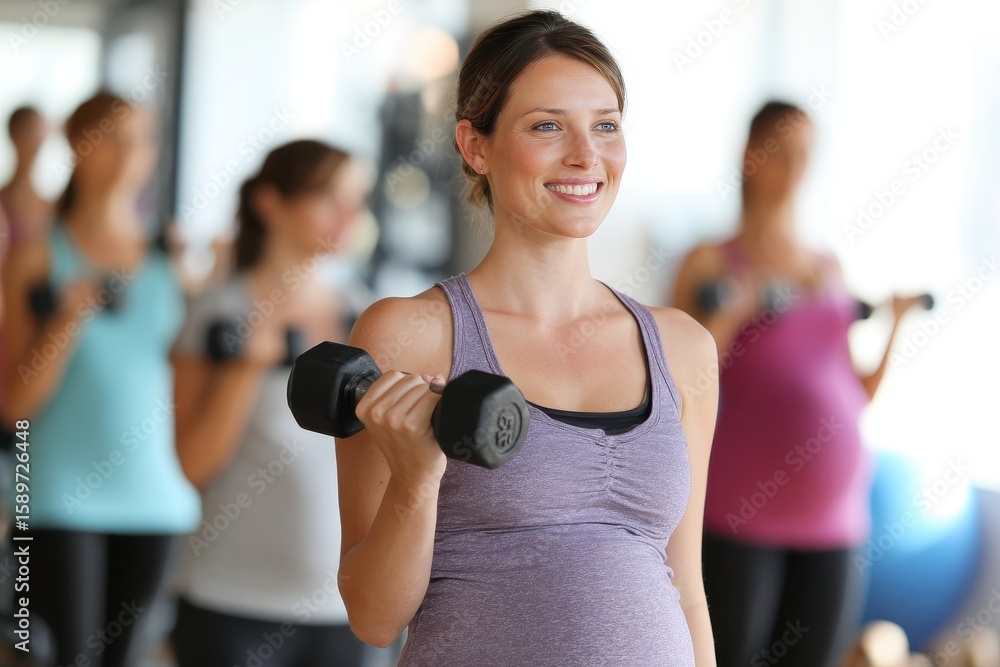 Fototapeta premium Attractive expectant mother working out with weights in a shared fitness space
