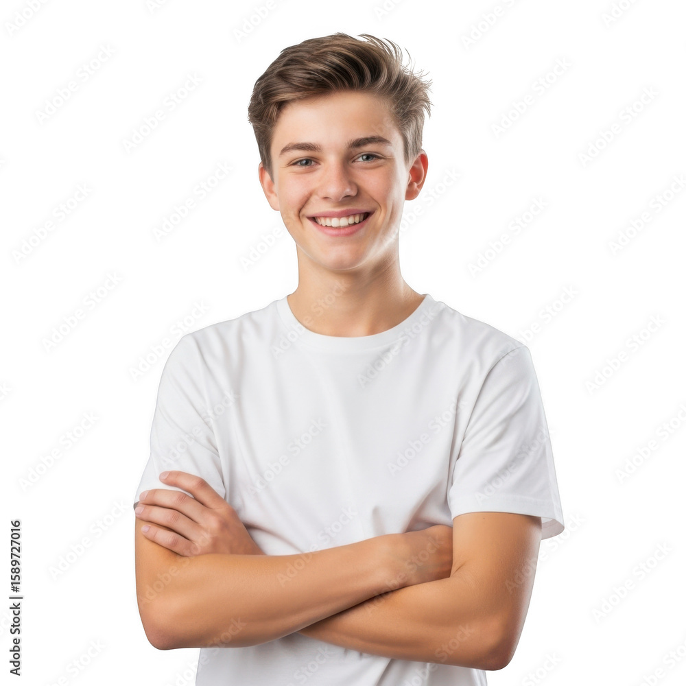 Obraz premium A smiling teen boy with crossed arms exudes confidence and charm in a portrait against a clean white backdrop, isolated on transparent background