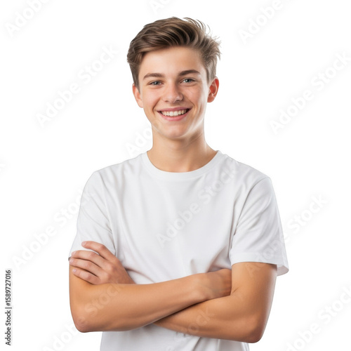 A smiling teen boy with crossed arms exudes confidence and charm in a portrait against a clean white backdrop, isolated on transparent background