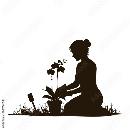 Woman kneeling transplanting an orchid in the garden, gardening concept  