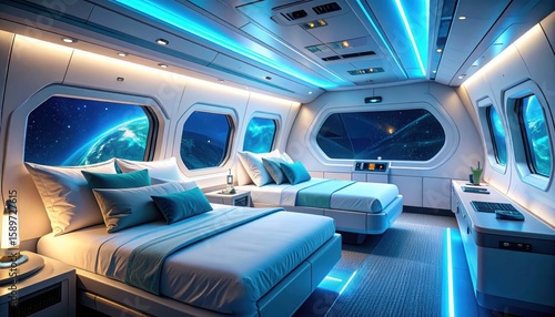 A luxury space hotel room overlooking Earth promoting futuristic tourism, space travel, and premium hospitality in zero gravity