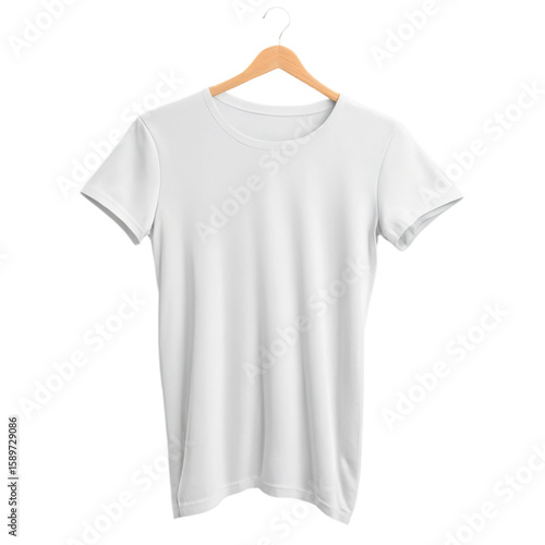 White T-Shirt on Hanger: A clean, simple, and stylish white t-shirt hangs neatly on a wooden hanger, ready for design or showcasing.
