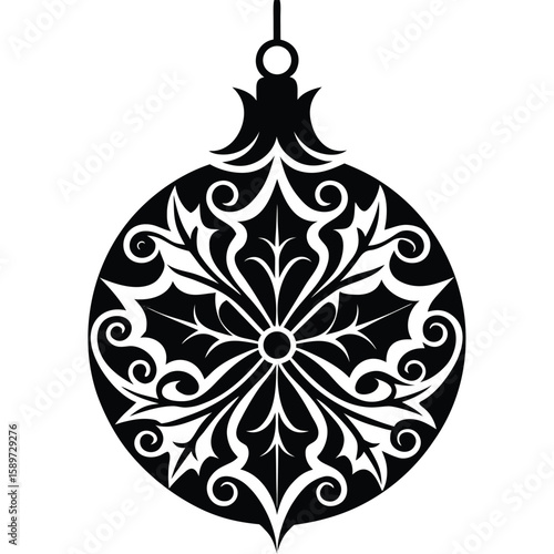 Stylized black christmas bauble with ornate snowflake design