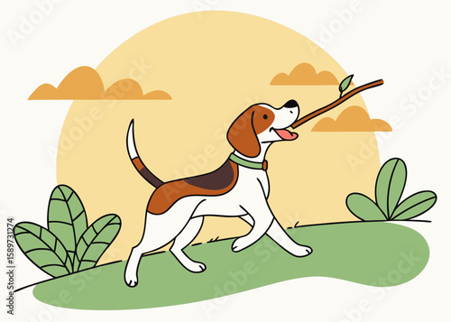 Beagle dog happily playing fetch with a stick outdoors at sunset, capturing energetic fun and pet happiness, modern flat illustration style