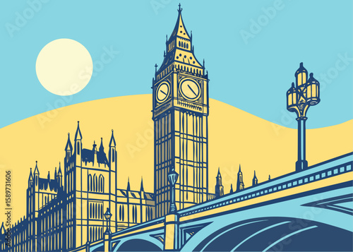 Big Ben glows in sunlight against a clear blue sky, towering over the River Thames and surrounded by historic London