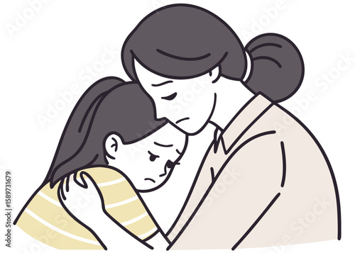 A daughter with a sad expression hugs her mother tightly, seeking comfort in an emotional moment, modern flat illustration style
