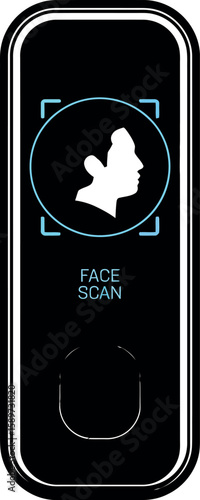 Black device with blue face scan icon and text biometric technology