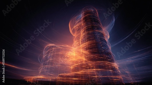 Abstract digital skyscraper, swirling light