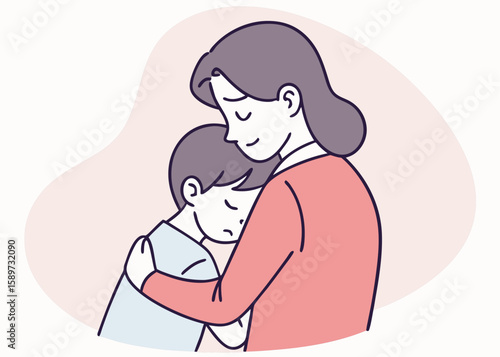 A heartwarming scene of a sad child tightly hugging their mother for comfort and love, modern flat illustration style