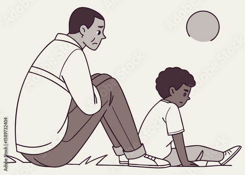 A young boy and his father sit outside during the day, both wearing somber expressions in a quiet moment, modern flat illustration style