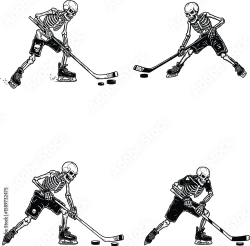 Skeletons Playing Ice Hockey Vector Illustration – Gothic Sports Concept Art, silhouette, line art.