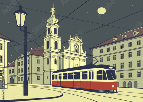 A tram blurs through Lesser Town Square in Prague at night, with St. Nicholas Church glowing under streetlight modern flat illustration style
